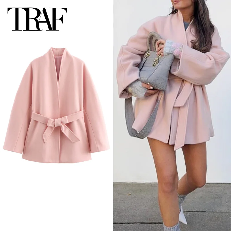 TRAF Pink Tweed Outerwear 2024 Women Winter Coats Wool & Blends V-Neck Long Sleeve Coat New In Coats & Jackets High Quality Coat