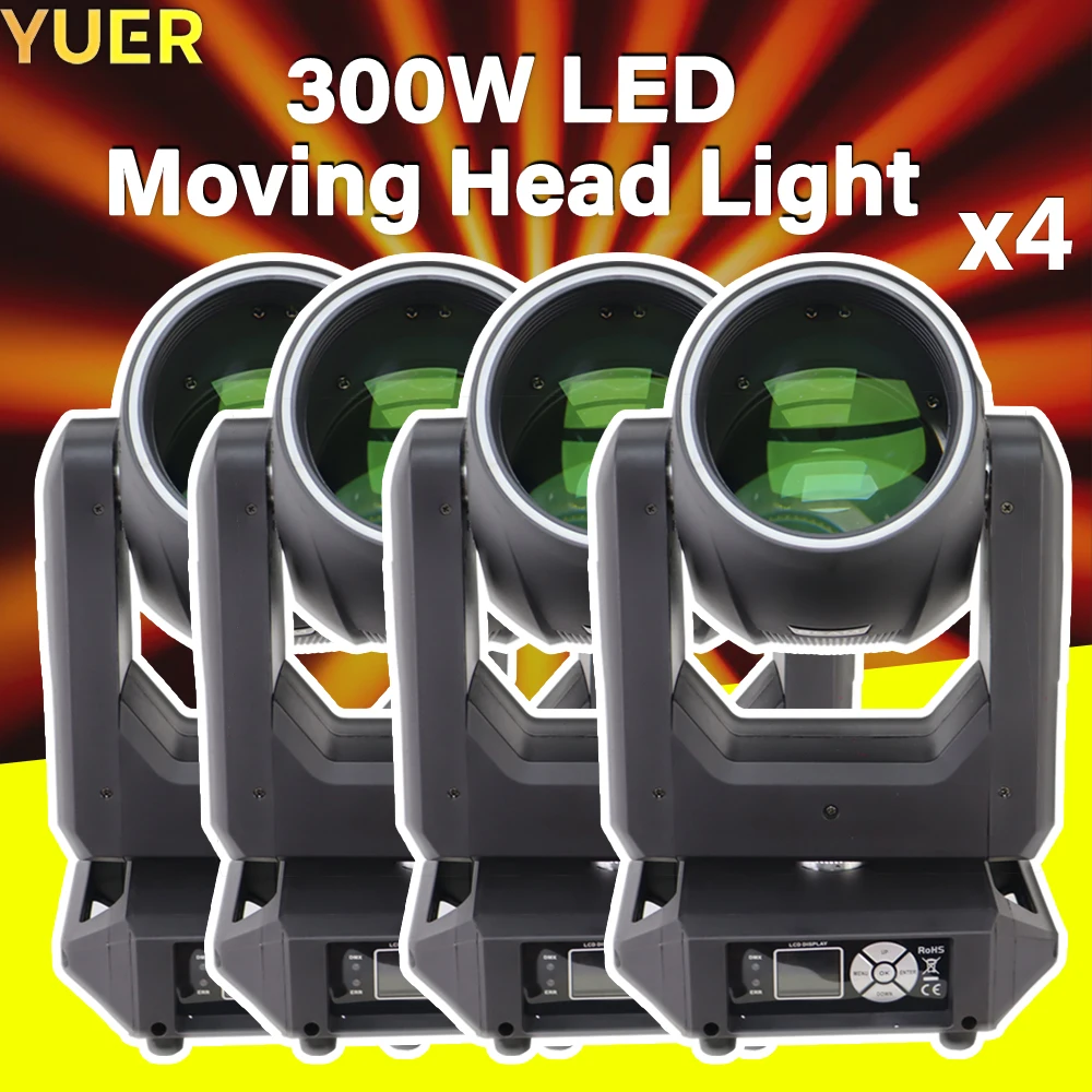 4PCS 300W LED Moving Head Light RGBW DMX512 with Dual Prisms 14 Color 13 Pattern Beam Effect for Stage Club Event Show Lighting