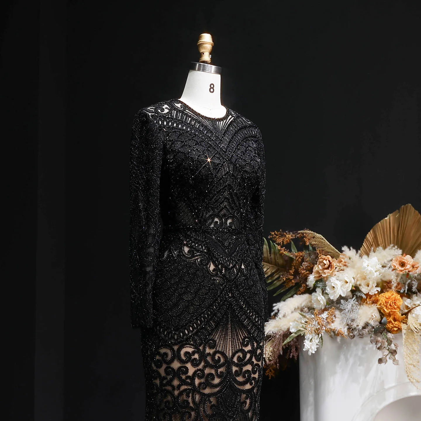 Sharon Said Dubai Übergröße Schwarzes Langarm-Paillettenkleid mit Perlen, Meerjungfrauen-Abendkleid, Saudi-Arabisches Damen-Ballkleid SS056 Maßanfertigung – Detail 21