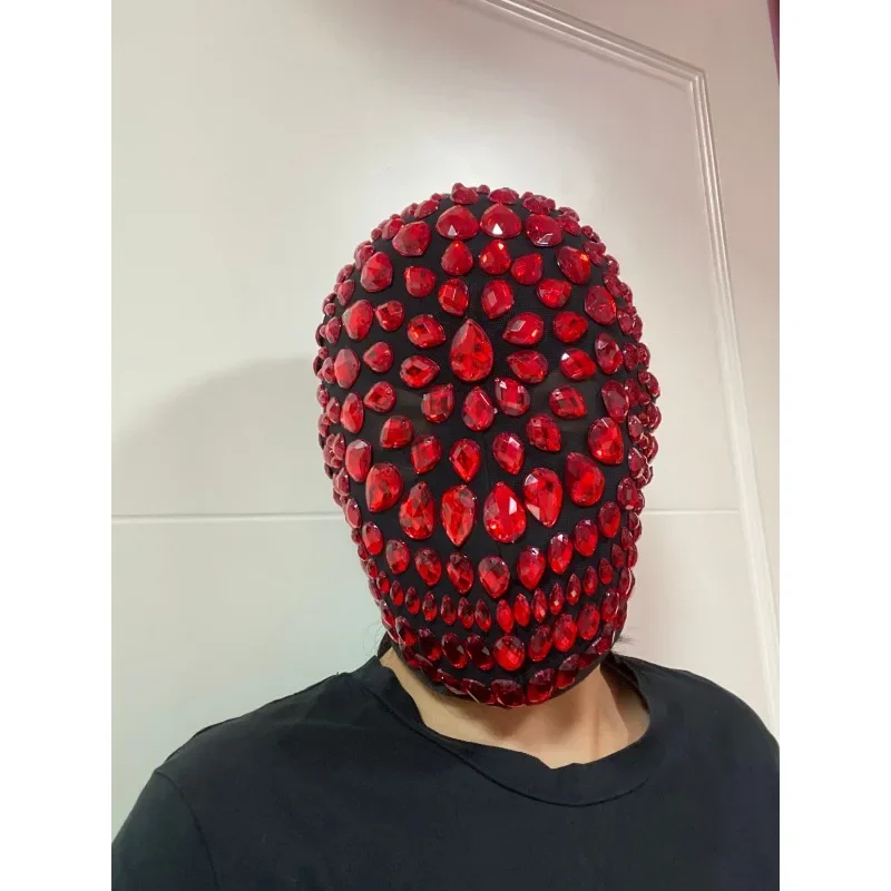 Red Diamond Full Face Mask Handmade Cosplay Punk DJ Stage Dancer Nightclub Headwear Masquerade Carnival Party Rhinestone Mask