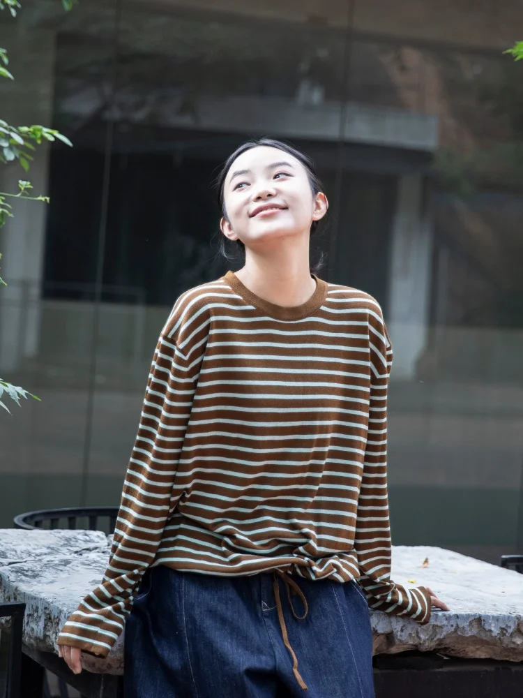 

Rainwen Ci Original Women's Autumn Winter Wool Blend Thin Stripe Knitted round Ne Sweater Casual Loose Fit Long Sve Ba...