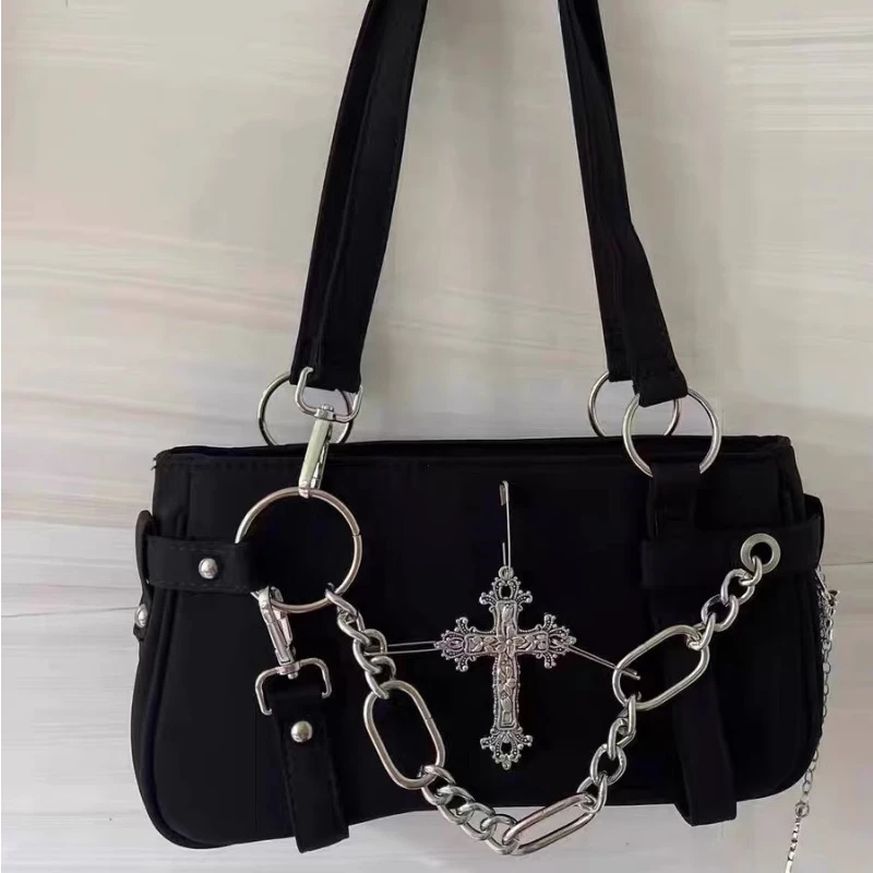 Women Small Cross Shoulder Bag Gothic Grunge Black Handbag Fashion Chain Y2k Underarm Bags Girls Punk Purse Ins Motor Biker New