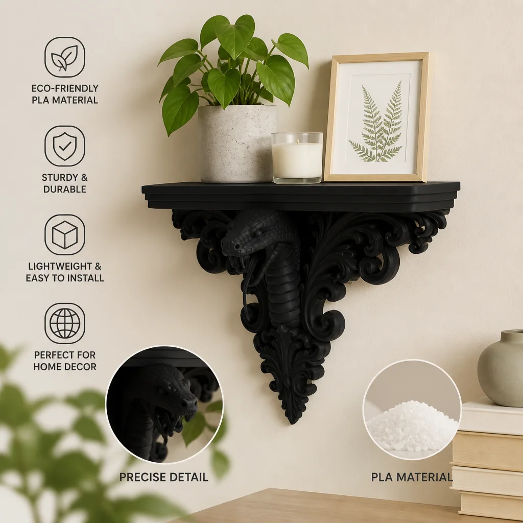 Gothic Cobra Head Wall Shelf, Black PLA Plastic Ornate Floating Display Shelf for Dark Academia Halloween Witchy Home Decor