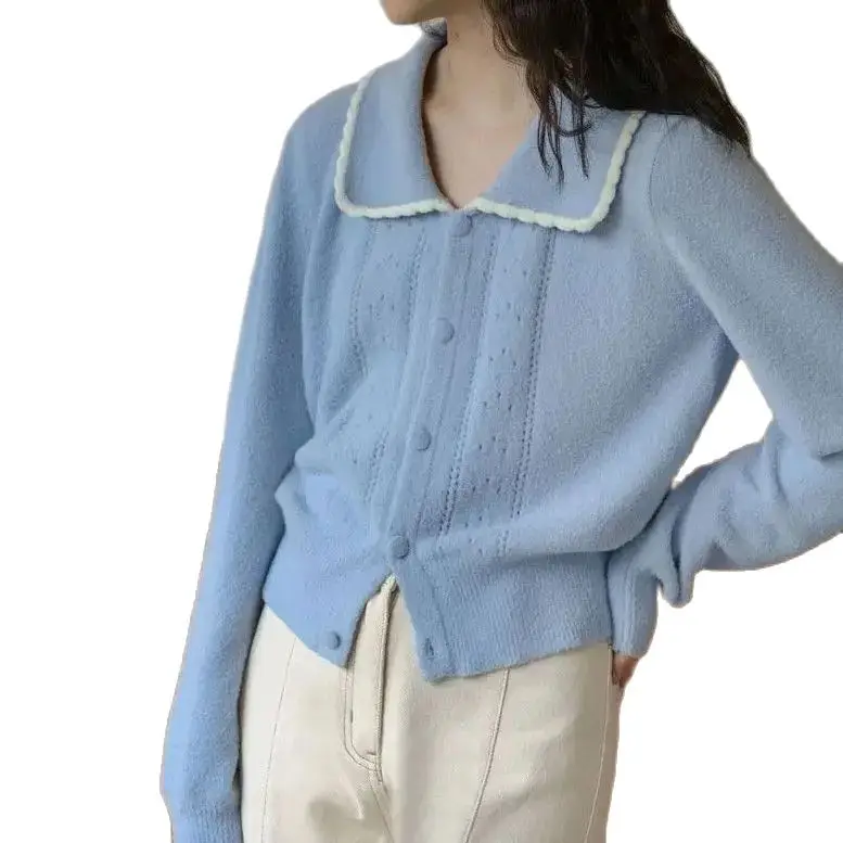 Knitted Cardigan Sweater Color-Blocked Lapel Single-Breasted Soft Milk Blue Coat Women'S Autumn And Winter Short Top