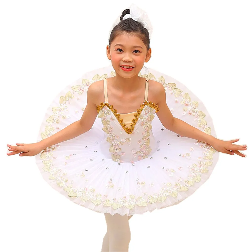 Ballet Tutu Skirt For Girls Children\'s Dance Costumes White Swan Belly Performance Dress Floral Embroidered Crystal