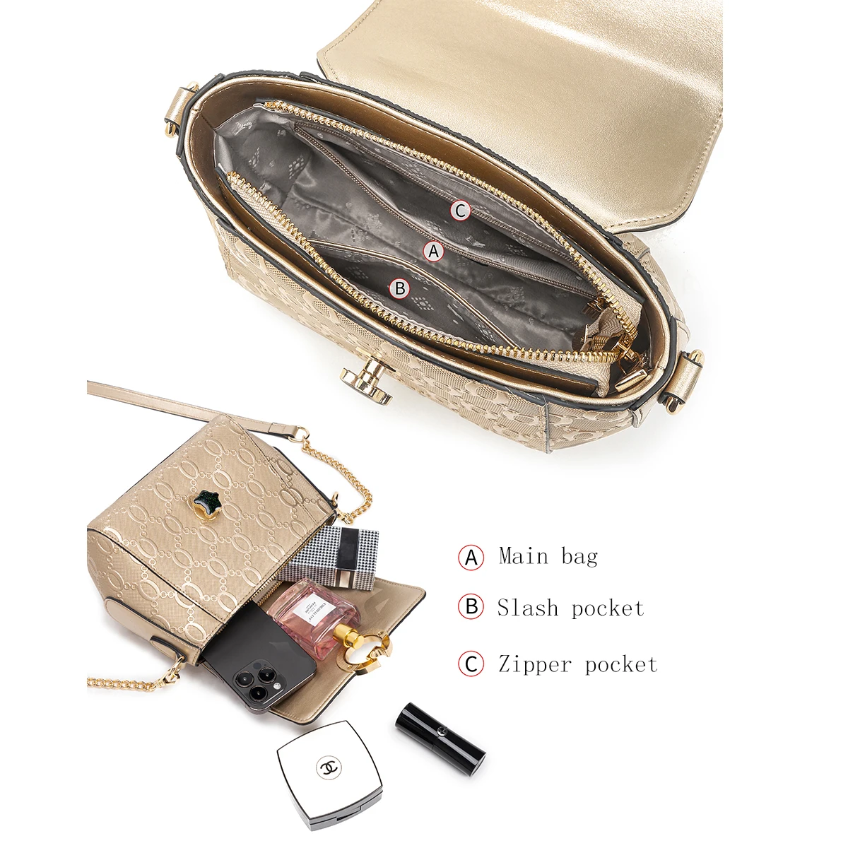 FOXER 高級ブランドの女性のショルダーバッグ牛革ゴールド - Women Bags Golden のレビューと価格