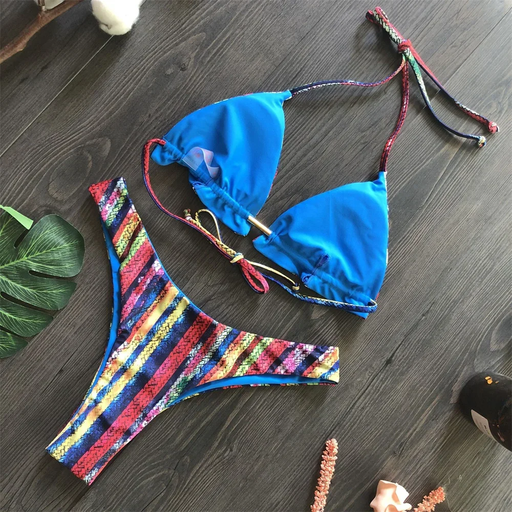 Multicolor Striped Bikini String Backless Triangle Thong Swimsuit Vintage Trend Y2K Swimwear Women Brazil Beachwear Bathing Suit