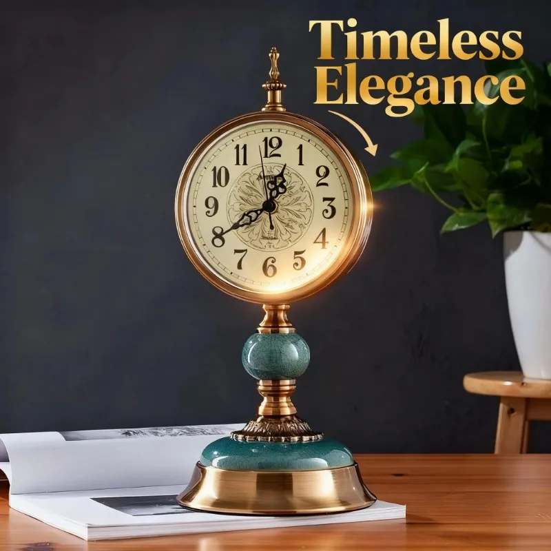 Reloj de Mesa Vintage Europeo de Lujo, Grande, 38 cm, Silencioso, sin Tictac, de Metal y Cerámica, para Sala de Estar, Repisa, Oficina, Decoración