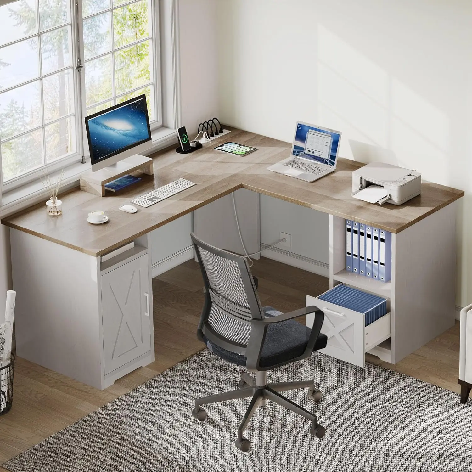 

L-Shaped Desk with File Drawer, 60' Computer Desk with Power Outlets, Grey Wash