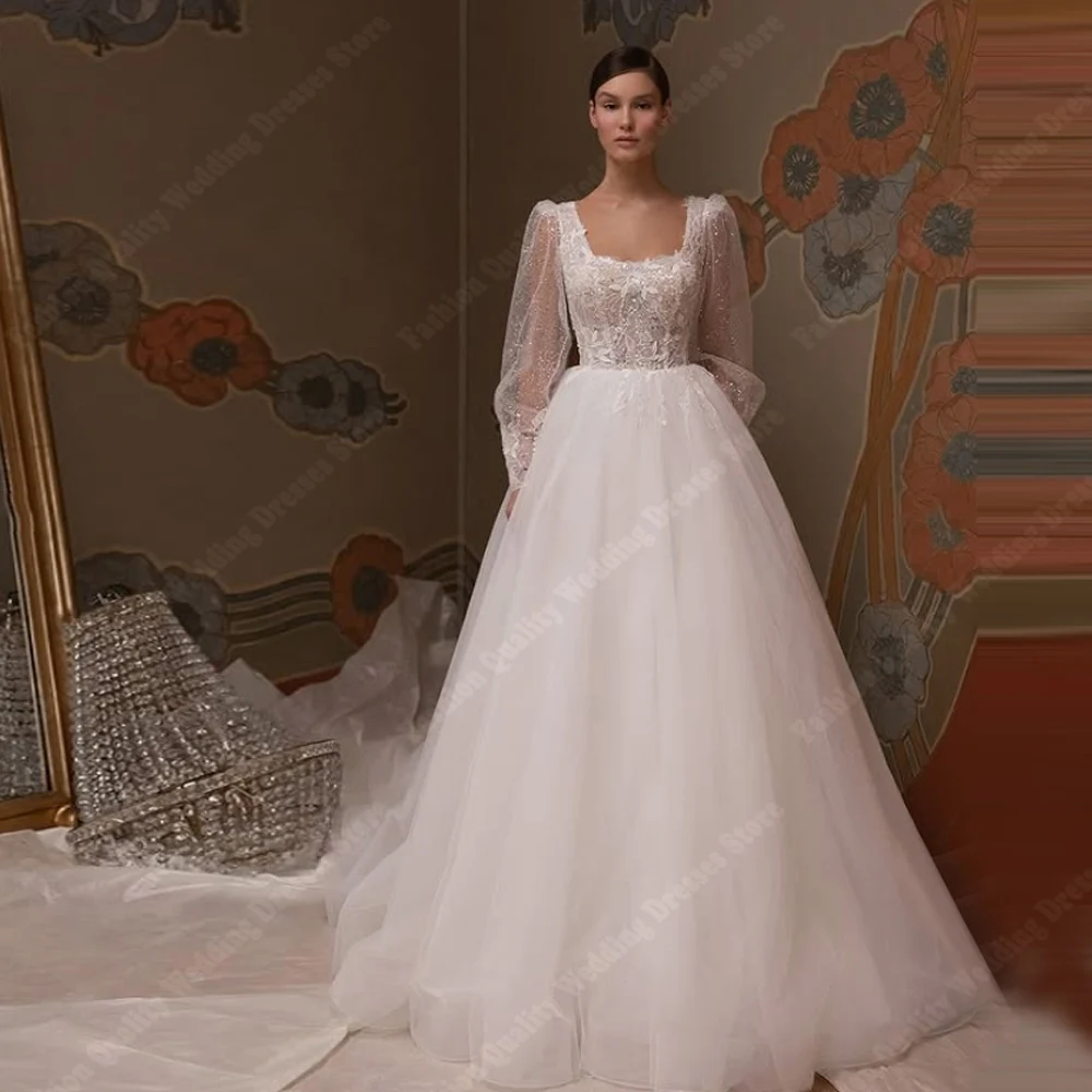 

Square Collar Women Wedding Dresses Shining Long Sleeves Bride Gowns Mopping Length Party Princess Vestidos De Novias Customized