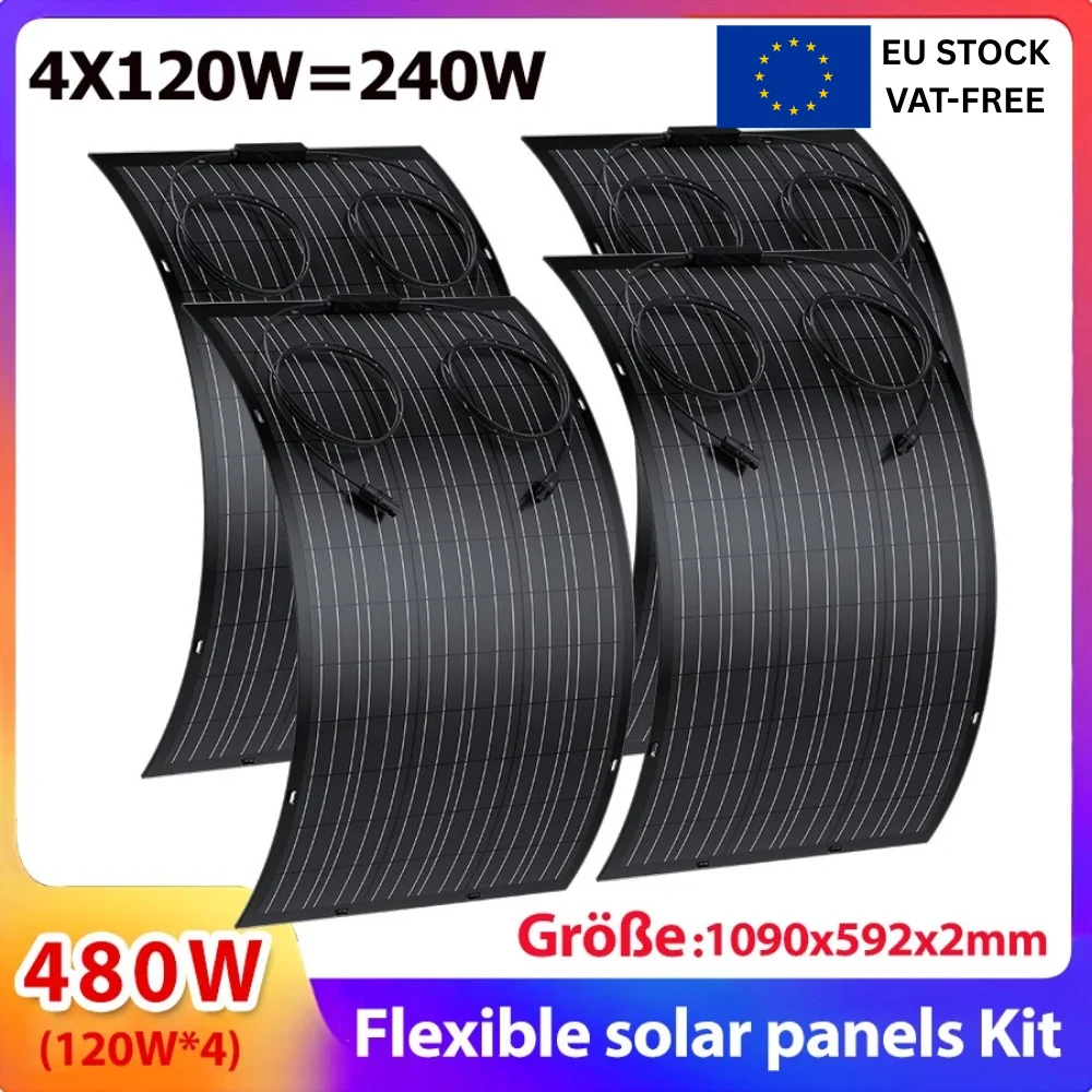4 × 120 W flexibles Solarmodul-Set 480 W, nachtmonokristalline Platten für Wohnmobil, Boot, Camping