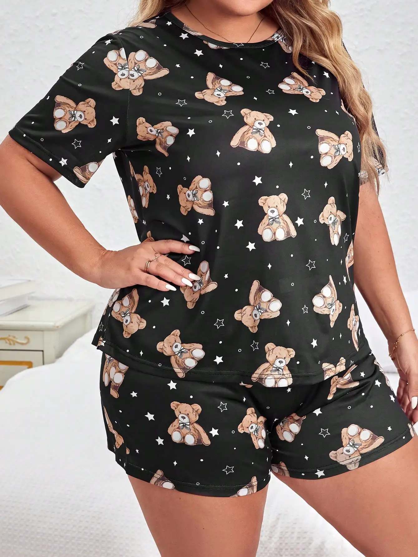 Summer cute cartoon bear printed short sleeved top&shorts oversized women\'s pajamas home clothing set