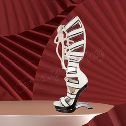 White Strange Style Heel Sandal Boots Hollow Lace up  Open Round Toe High Heel Shoes for Women High Heel 2024 Zapatillas Mujer