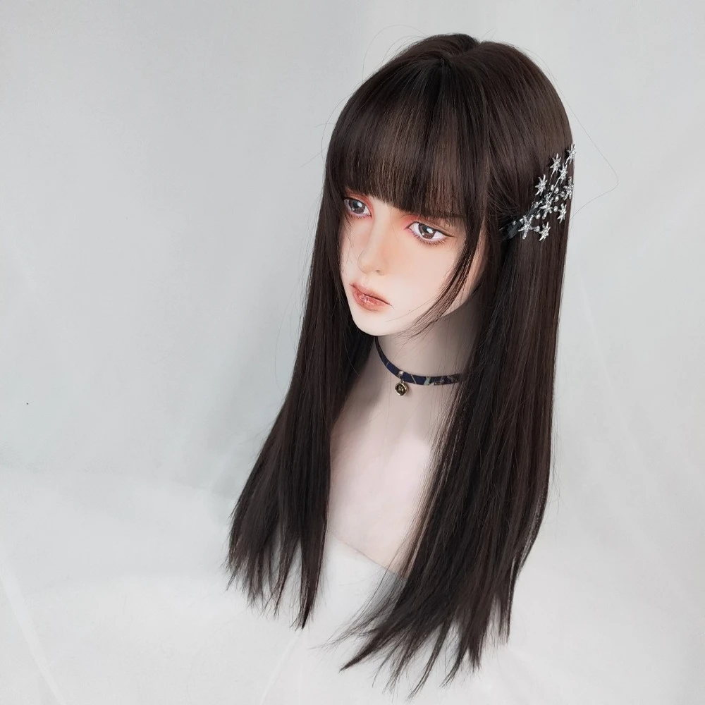 جديد شعر مستعار طويل مزاجه أسود طويل مستقيم الألياف الكيميائية القبعات الانفجارات الهواء الطبيعي JK ارتداء اليومي شعر مستعار كامل