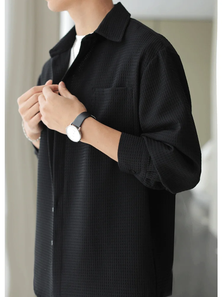 Elegant Long Sleeve Men's Shirt Jacket Spring Autumn Versatile Lightweight Fashionable Waffle Pattern Casual Loose Fit