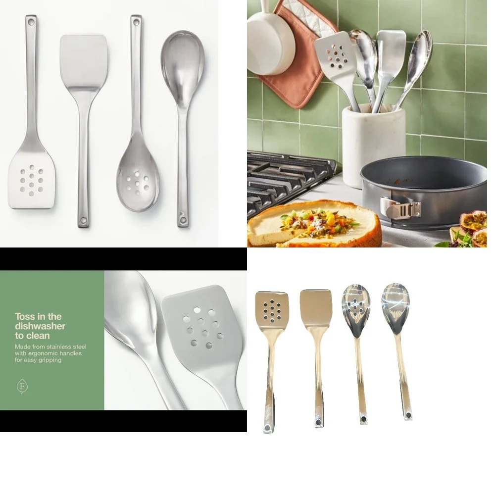 

4 Piece Stainless Steel Kitchen Utensil Set Silver Solid Spot Turner and Spoon Cooking Tools for Home Use Non Stick Cookware