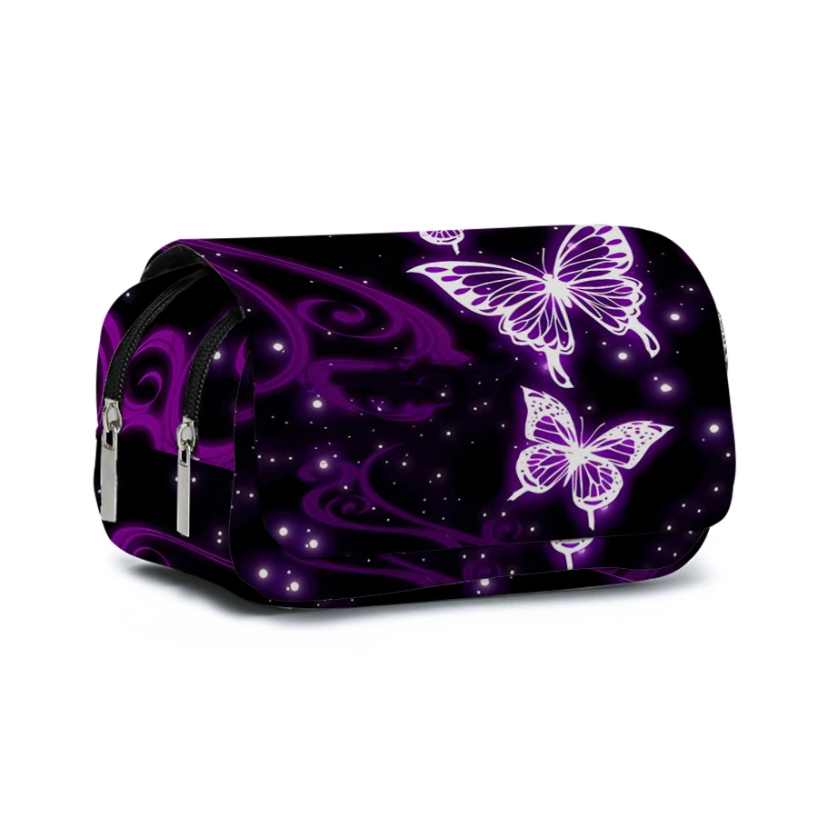 Purple Butterfly Stationery Double-layer Flip Pen Case For Boys/Girl Children Best Gifts 2D Cartoon School Supplies Pencil Pouch