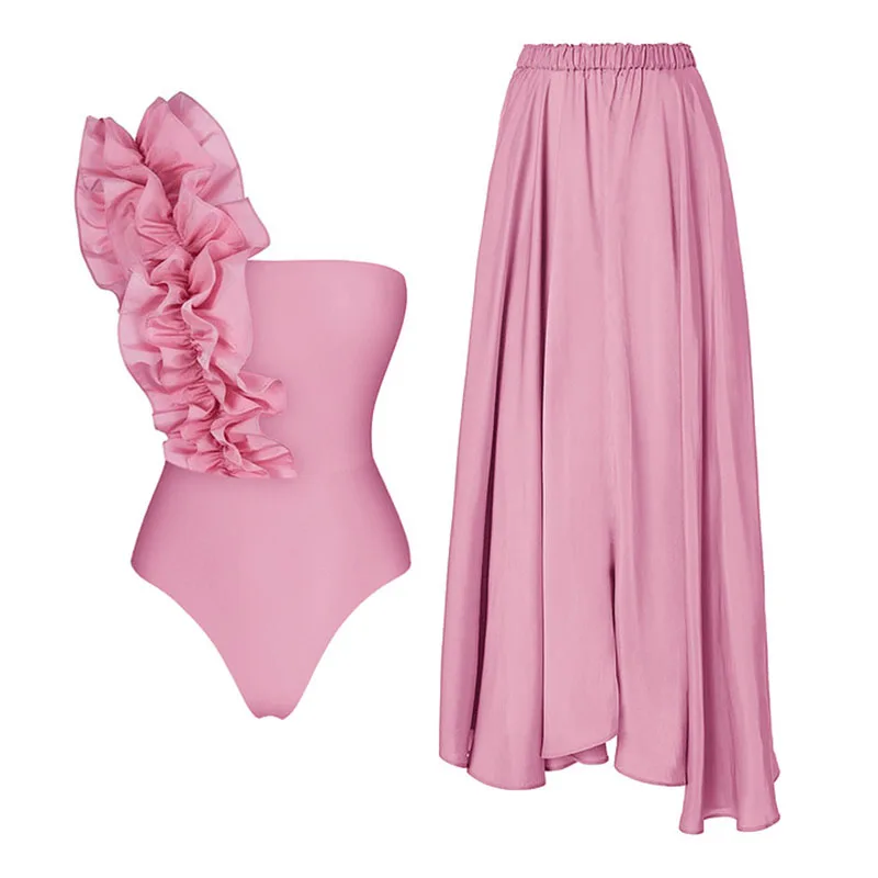 Maillot de bain une pièce rose pour femmes, asymétrique épaule dénudée, à volants, couleur unie, ensemble pour les vacances à la plage, vêtements de Style