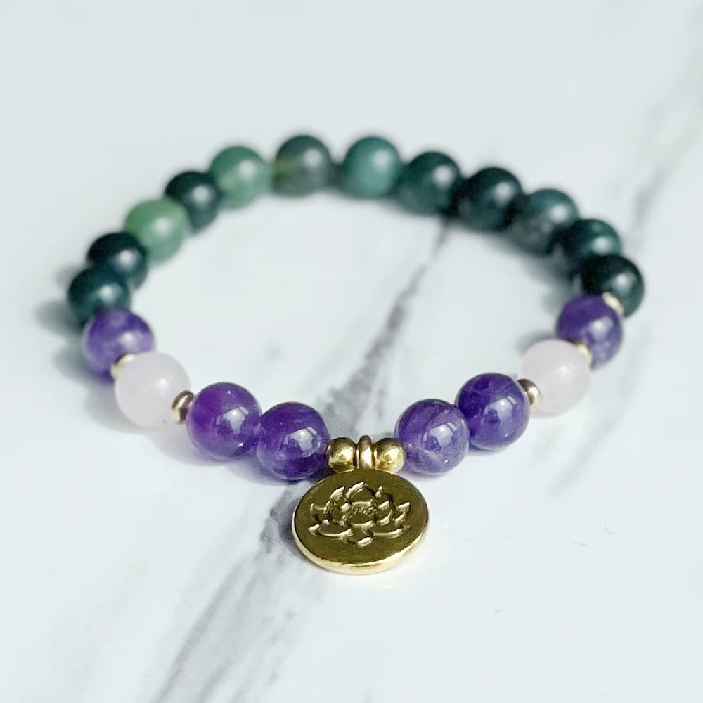 MG2029 New Design 8 MM Moss Agate Amethyst Rose Quartz Bracelet Womens Lotus Charm Yoga Mala Wrist