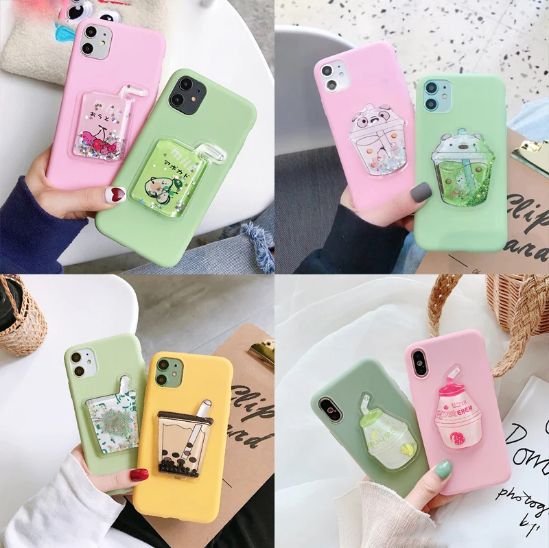 3D Dynamic Quicksand Milk Tea Case For Apple iPhone 16 Pro Max 11 12 13 mini 14 Pro 15 Plus XR XS Squishy Drink Cup TPU Cover