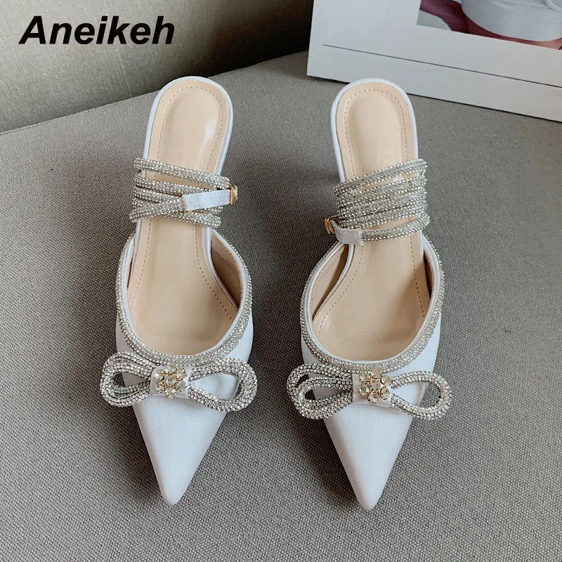 Aneikeh Sexy Pointed Toe High Heel Women Shoes Classics Bling Crystal Butterfly-Knot Decoration Buckle Strap Slingbacks Pumps