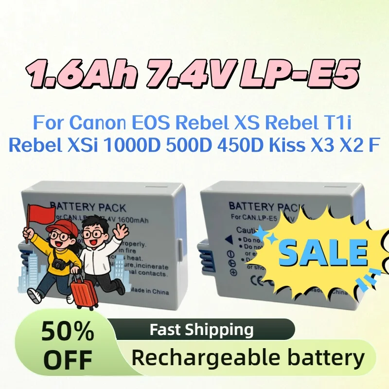 

1600mAh 7.4V LP-E5 High-Quality New LPE5 Battery Pack for Canon EOS Rebel XS Rebel T1i Rebel XSi 1000D 500D 450D Kiss X3 X2 F