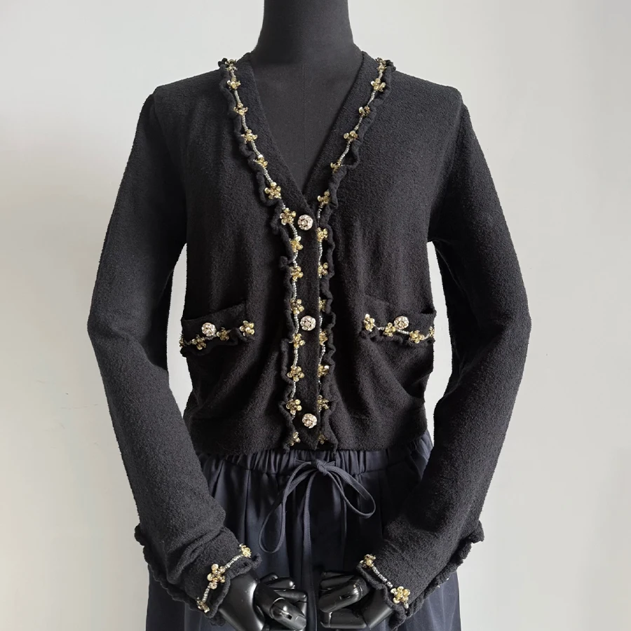

NIGO Women's Spring/Fall/Winter V-Neck Stretch Sequined Embroidered Solid Color Single-Breaste Long-Sleeve Knit Cardigan #hz1126