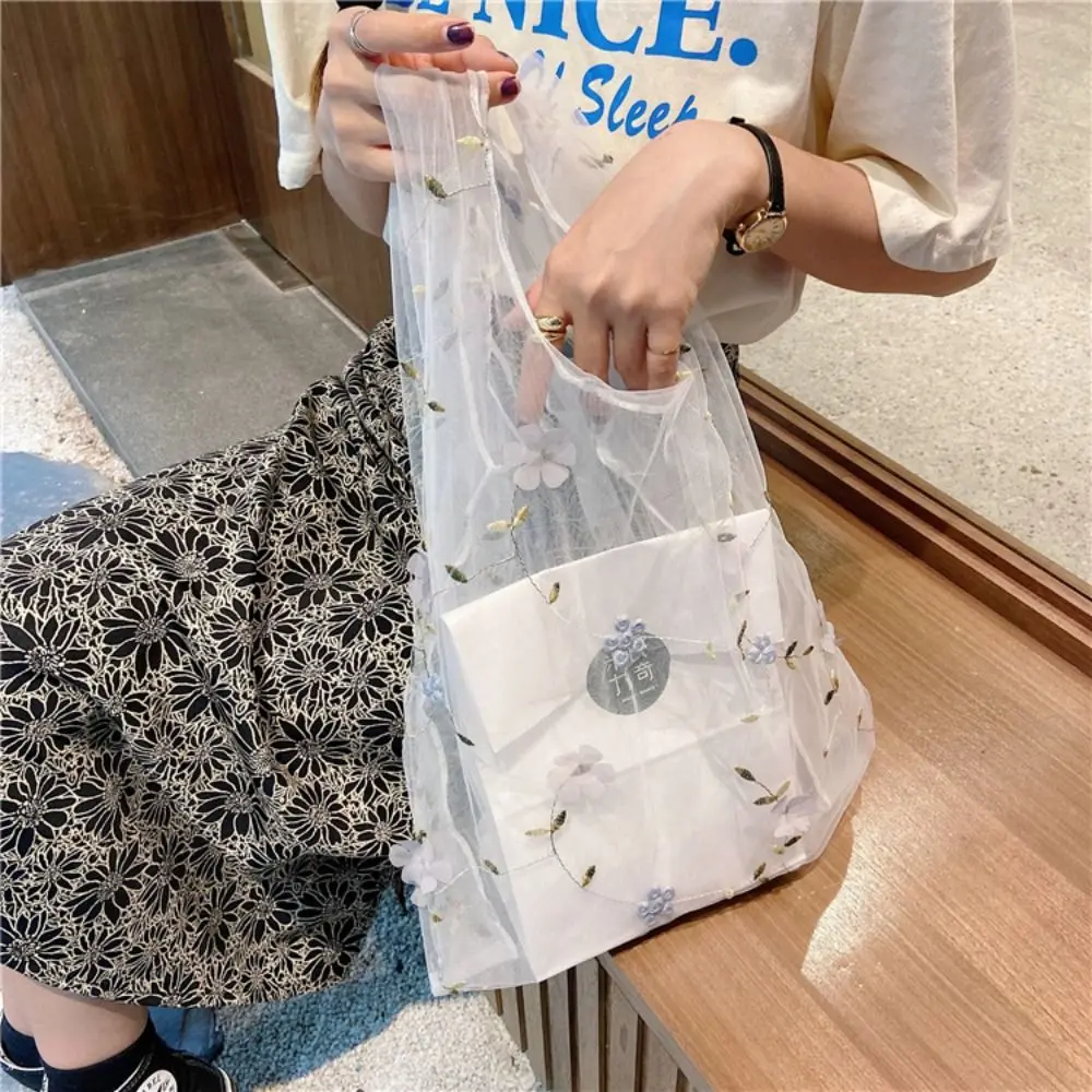 Flower Transparent Handbag Foldable Mesh Cloth Embroidery Bag Storage Bag Large Capacity Shopping Bag Women