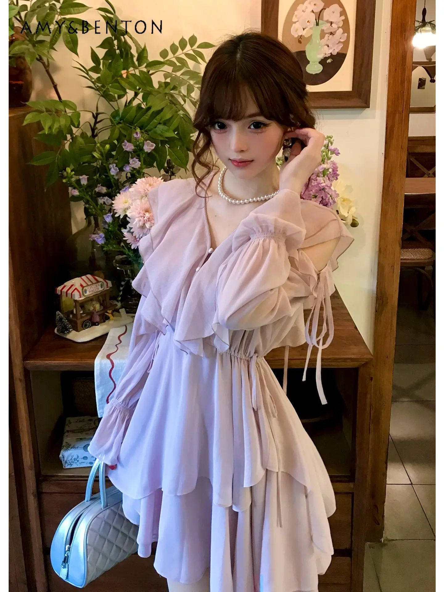 

Japanese Early Spring New Elegant Fairy Style V-neck Ruffle Irregular Off-shoulder Long Sleeve Dress Sweet Tie Slim Mini Dress