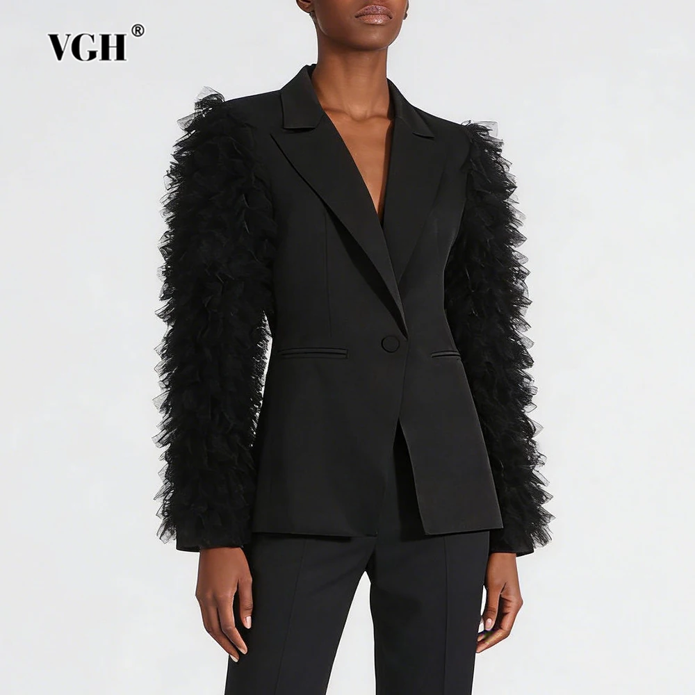 

VGH однотонные индивидуальные трендовые утягивающие блейзеры для женщин с v-образным вырезом и длинным рукавом, осенний дизайн, вечерние куртки со складками, женская мода
