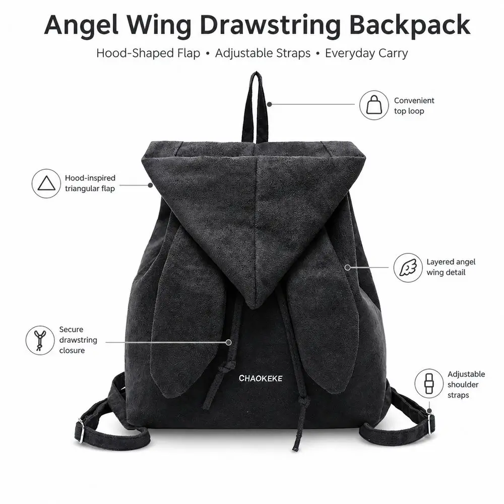 New Fabric Angel Wing Backpack Adjustable Minimalist Drawstring Backpack Hood Shaped Flap Hooded Backpack Daily Commute