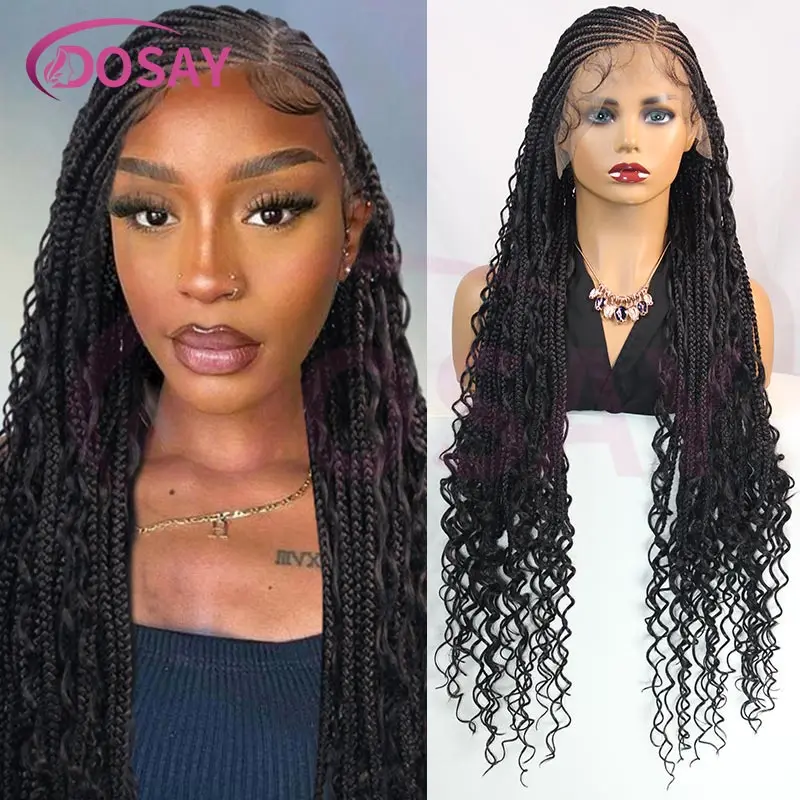 Full Lace Frontal Cornrow Braided Wigs for Black Women Synthetic Long Boho Side Part Braids Wig Curly Bohemian Box Braiding Wigs