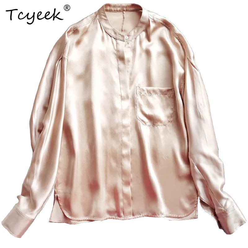 

Tcyeek 17MM 100%Mulberry Silk Solid Shirts Single Chest Pocket Round Neck Blouses 2023 Spring Summer Office Lady Top T37660QC