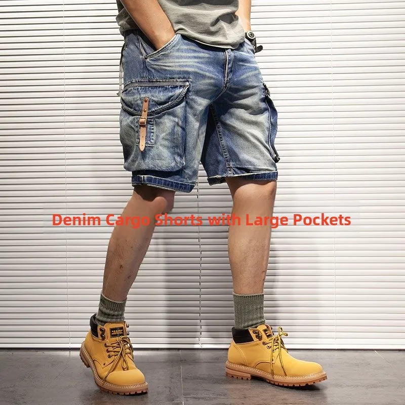

Summer Men's Loose Straight Leg Denim orts Multiple kets Outdoor Five-Part Casual Workwear orts Blue Mid-Waist Jeans