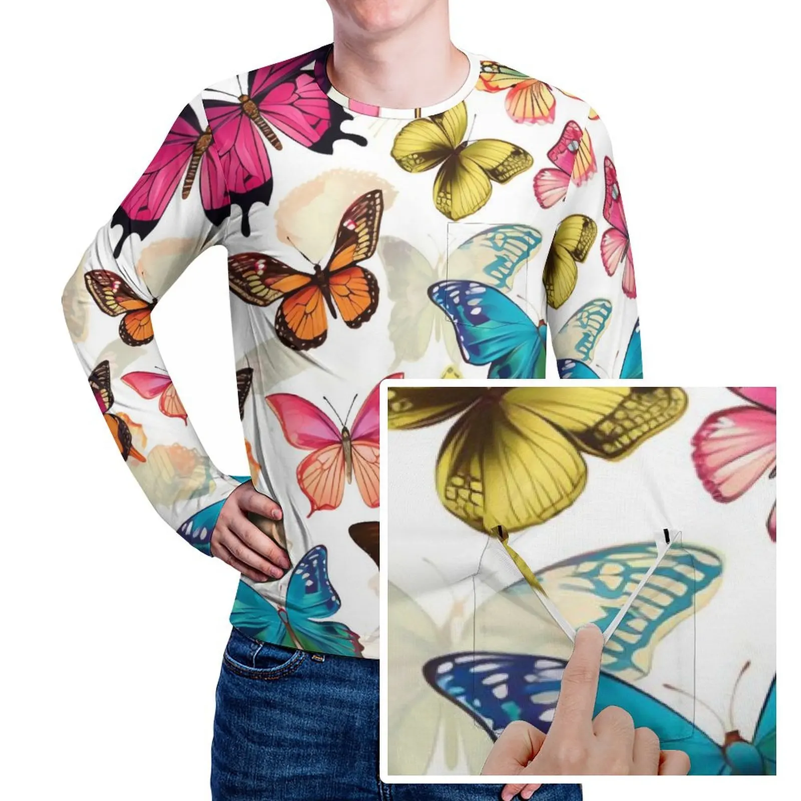 Colorful Butterflies T-Shirt Animal Men Retro T-Shirts With Pocket Daily Graphic Tees Long Sleeve Basic Oversized Birthday Gift