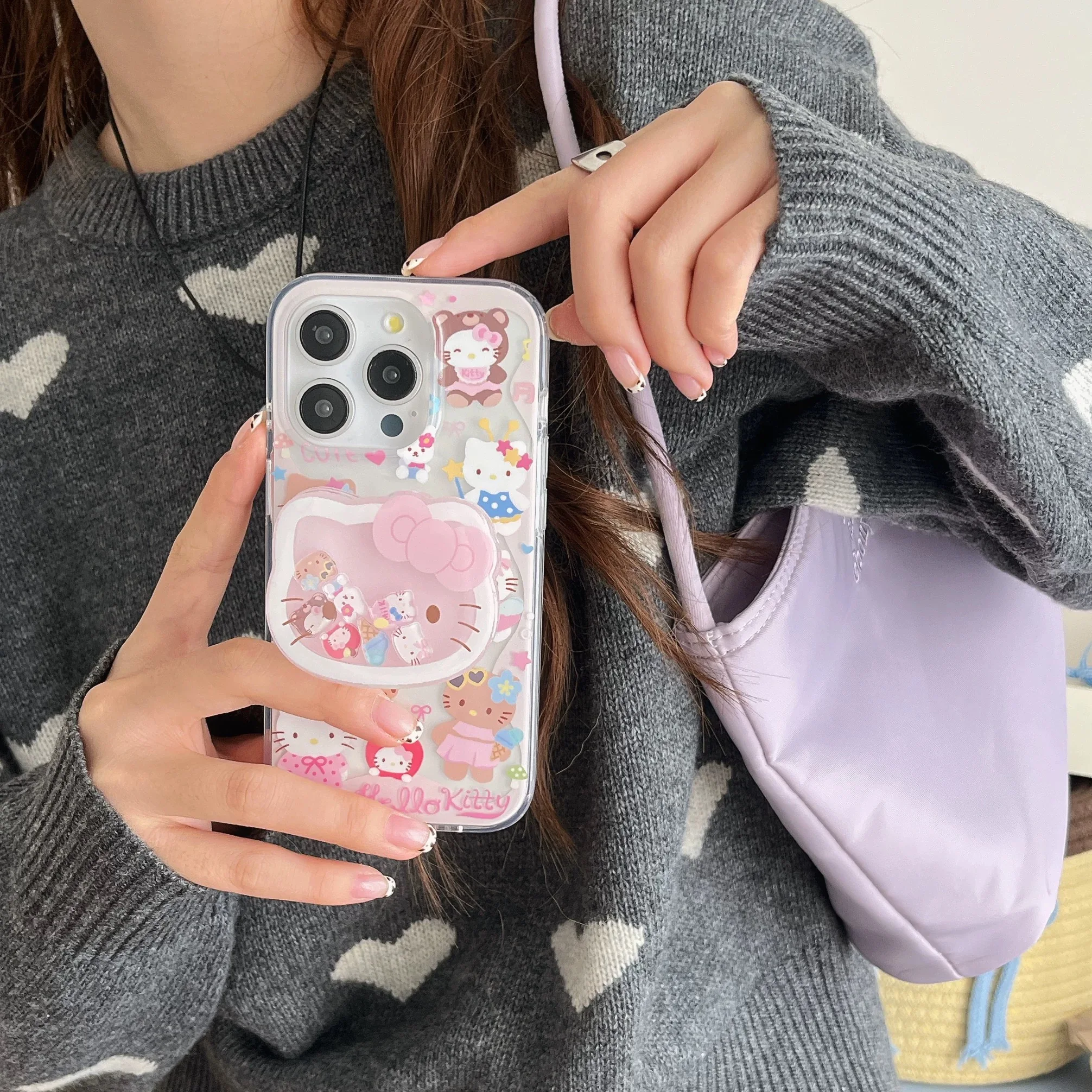 

Luxury Clear Cute Cartoon Hello Kitty Soft TPU Phone Case For iPhone 16 13 14 12 11 15Pro Max X Lovely Ice Cream KT Shake Holder