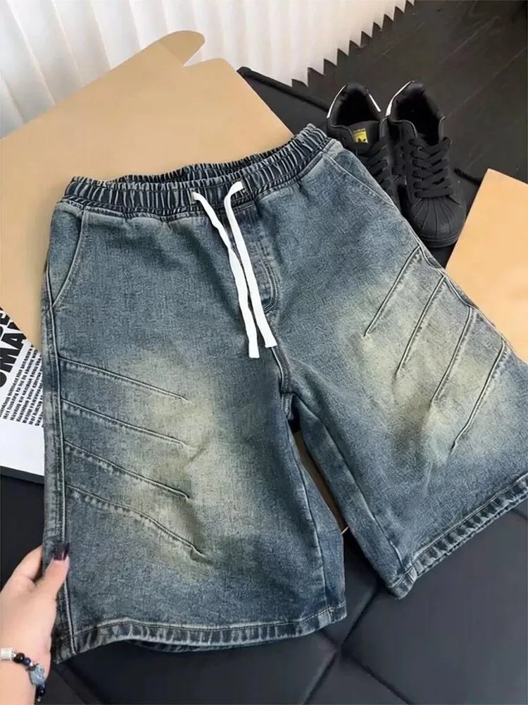 

Summer Vintage Blue Denim Shorts Men Elastic Waist Drawstring Loose Fit Jorts Casual Streetwear Wide Leg Jean Shorts Oversized