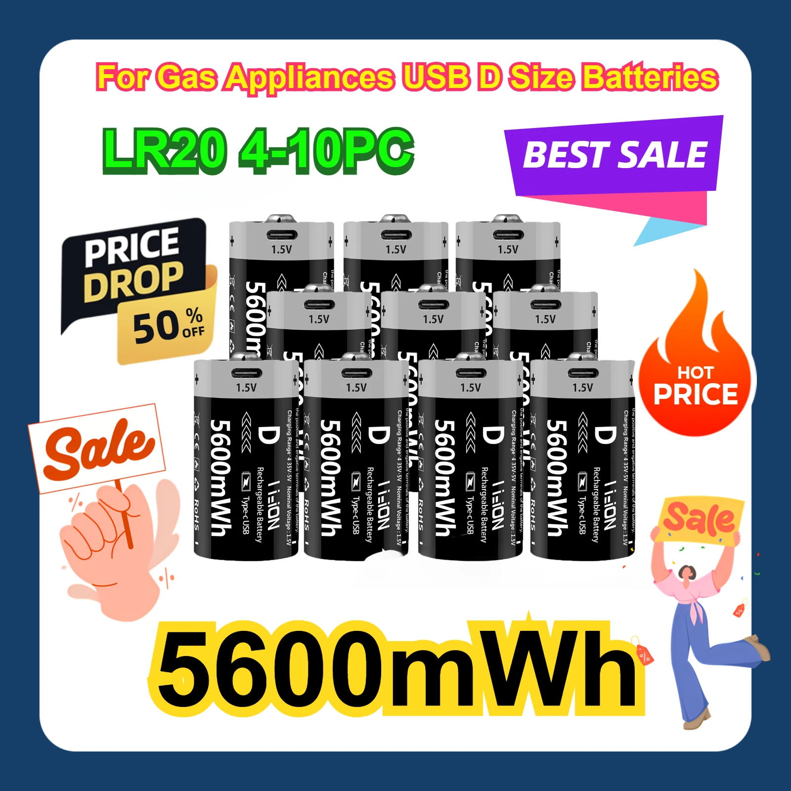 

1.5V For Gas Appliances USB 5600mWh D Size Batteries LR20 4-10PC