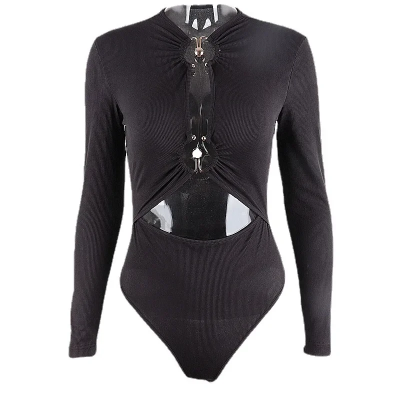 2025 New Spring Sexy Hollow Out Long Sleeve Bodysuit Metal Ring Connection Fashion Women Bodice Black Bodycon Party Clubwear Top