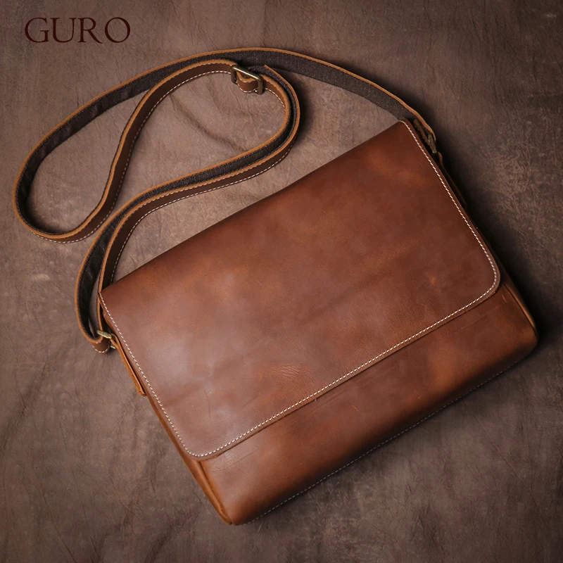 GURO-Bolsa de ombro de couro genuíno masculina, aba vintage, couro de vaca, bolsa mensageiro, bolsa tiracolo casual diária, alta qualidade