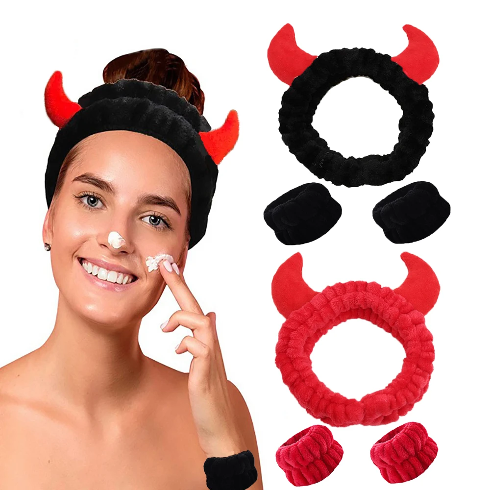 Demon Design Headband And Wristbands Set, Flannel Coral Hair Band Wristbands, Makeup Spa Face Wash Hair Accessories