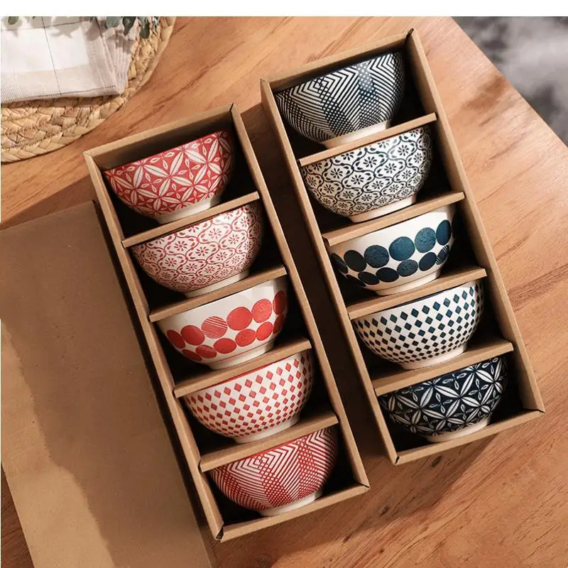 

4.5 Inches Bowl Ceramic Kitchen Cutlery Set Japanese Style Personalized Rice Vintage Pattern Gift Box 5pcs