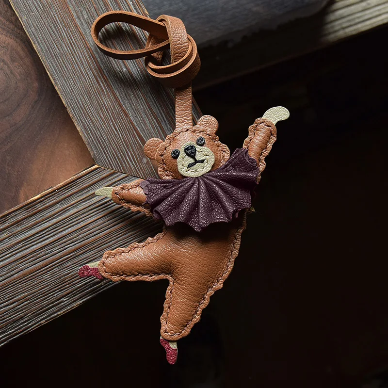 Ballet Dancing Teddy Bear Genuine Leather Handmade Bag Charm Pendant,Keychain Hanging Ornament,Handbag Purse Decor Accessories