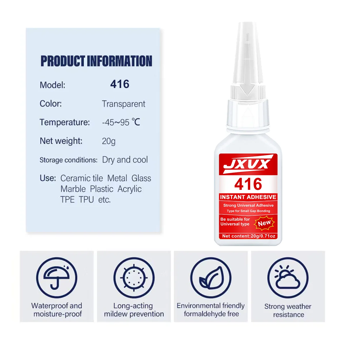 416 Adesivo industrial de secagem instantânea, forte e rápido, super cola, cianoacrilato, superfície não branqueadora, para plásticos, carpintaria, reparação de calçado, reparação de espelhos e janelas, com clipes