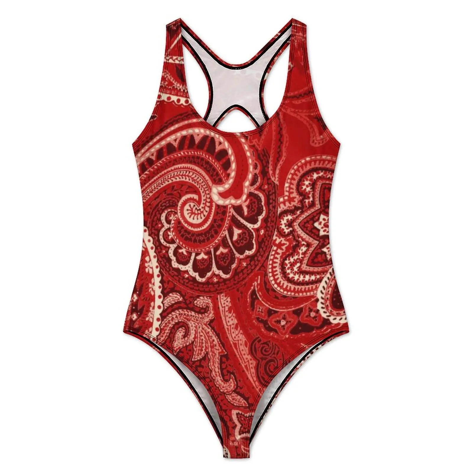 Red Paisley Print Swimsuit Abstract Floral Swimwear One-Piece Holiday Surf Bodysuit Bathing Suit Women Push Up Sexy Beachwear