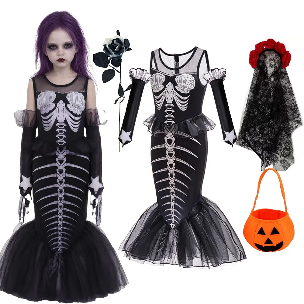 Kids Halloween Skeleton Mermaid Gothic Dress Up Dark Black Fishtail Gown With Star Gloves Carnival Evil Siren Cosplay Costume