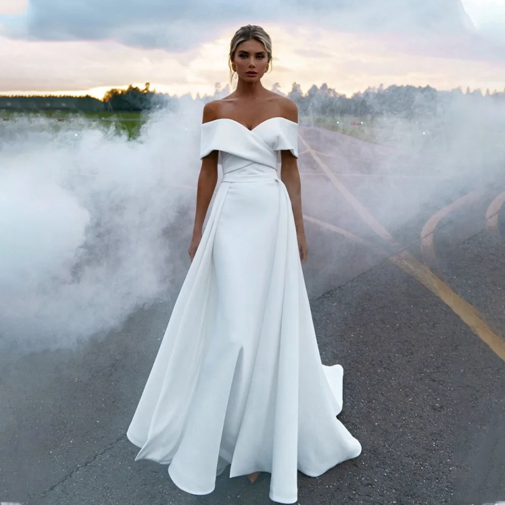 

Elegant White Mermaid Wedding Dress Off the Shoulder Simple Robe Marriage Floor Length Detachable Train Satin Bride Dresses