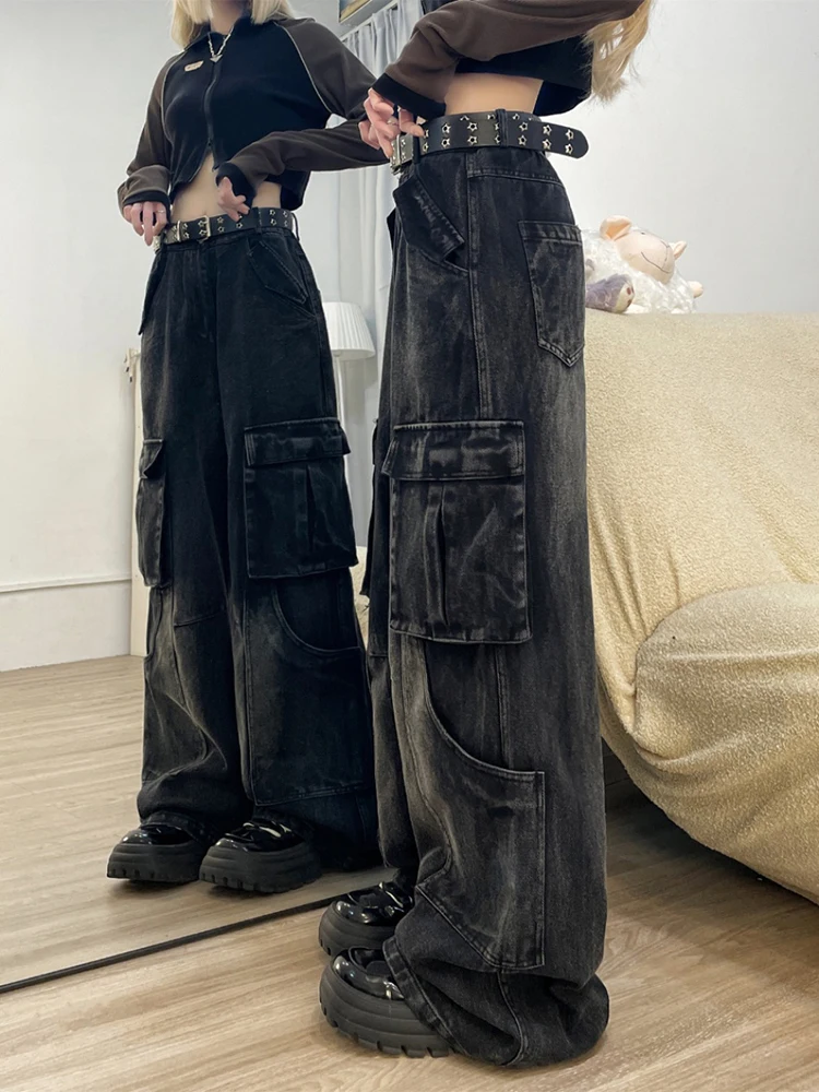 SHENGPALAE Denim Trousers For Women Color Block Spliced Pockets Vintage Style Loose High Waist New 2025 Wide Leg Pants 5G508