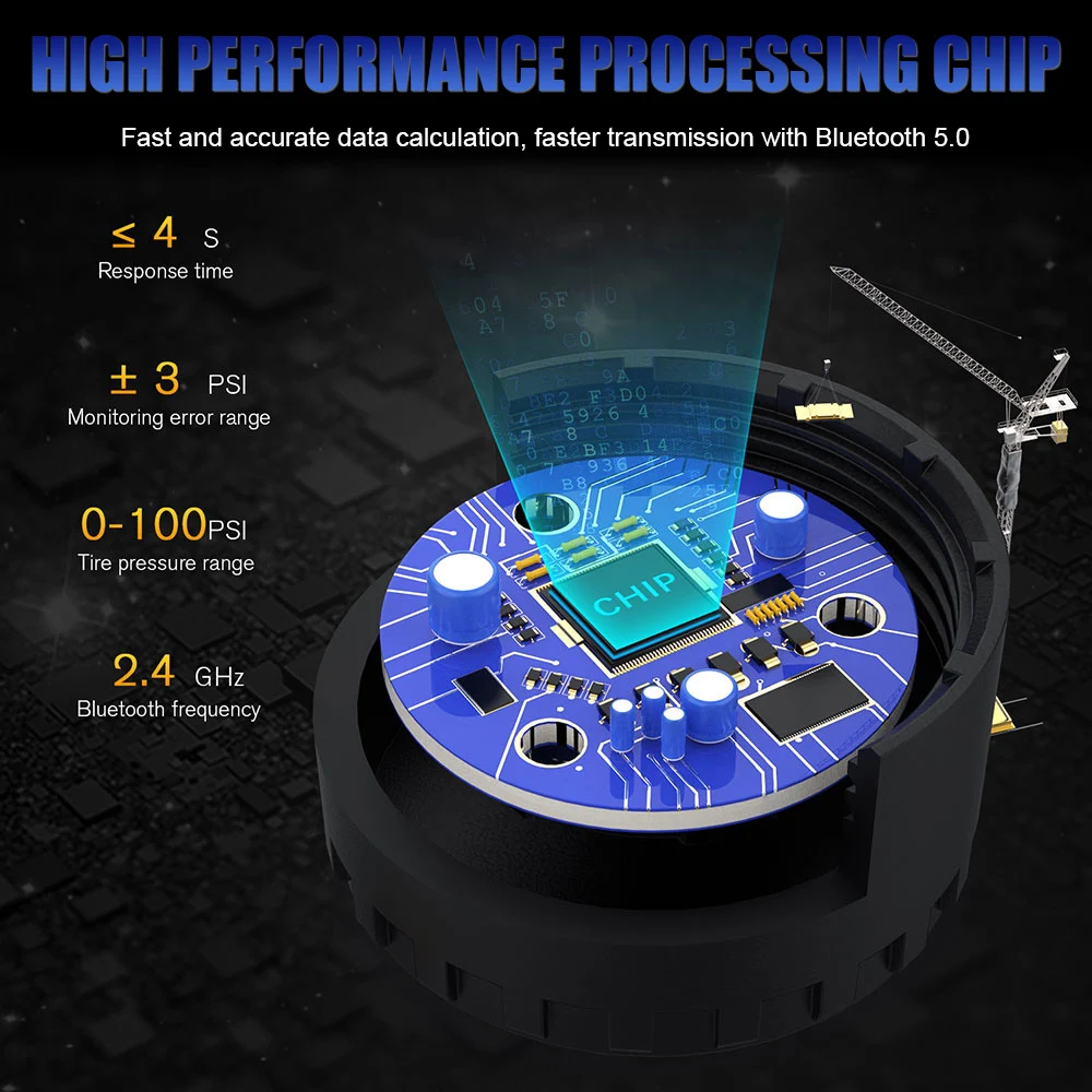 Sensores de presión de neumáticos de coche, sistema de monitoreo de presión de neumáticos externo, pantalla por aplicación de teléfono móvil TPMS, Android/IOS, Bluetooth 5,0