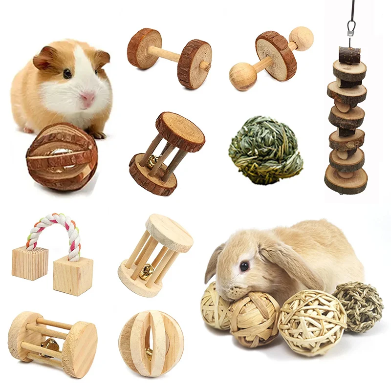 Brinquedos de Rolo para Pequenos Animais (Porquinho-da-Índia, Coelho, Hamster) e Brinquedos de Mastigar de Madeira Natural de Pinheiro (Halteres, Bola Trançada com Sino de Monociclo)